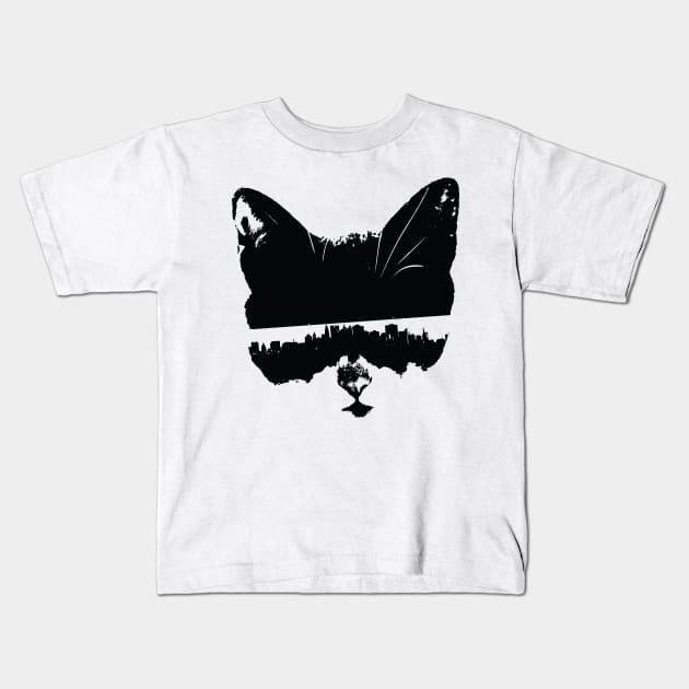 City Kitty (Subway Stop Sunglasses, Black Ink) Kids T-Shirt by BigBridgeStudios